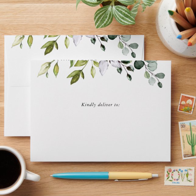 Greenery, Eucalyptus Leaves, Boho, Bridal Shower Envelope (Desk)