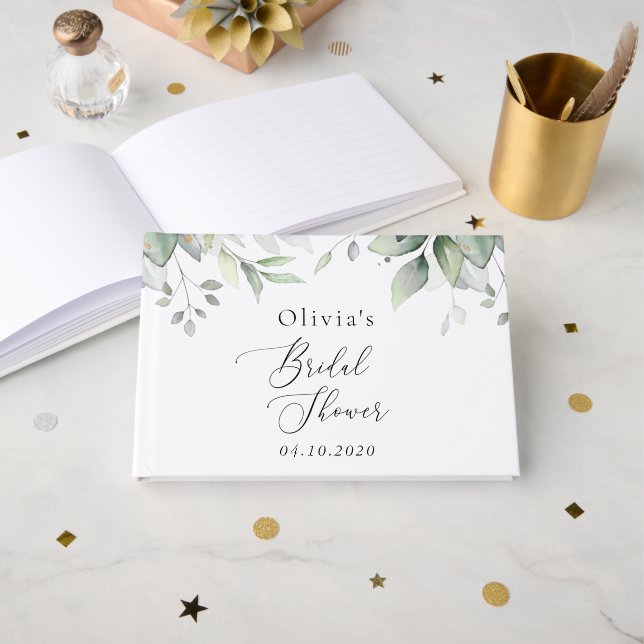 Greenery, Eucalyptus Leaves, Boho, Bridal Shower Guest Book (Front Open)