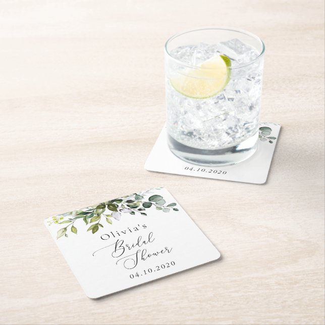 Greenery, Eucalyptus Leaves, Boho, Bridal Shower Square Paper Coaster (Insitu)