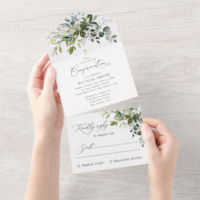 Greenery, Eucalyptus Leaves, Boho, Confirmation All In One Invitation (Tearaway)