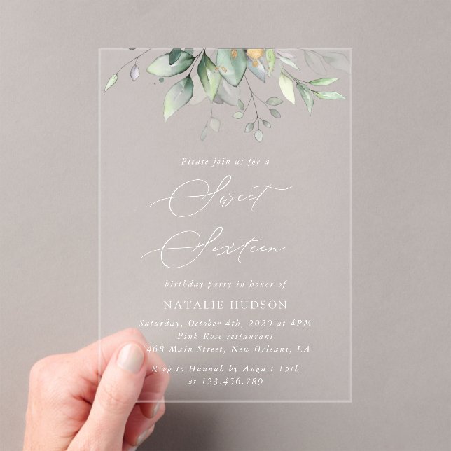 Greenery, Eucalyptus Leaves, Boho, Sweet 16 Acrylic Invitations (Insitu (Handheld))