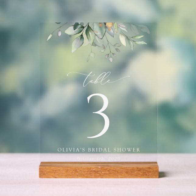 Greenery, Eucalyptus Leaves, Boho, Table Numbers Acrylic Sign (Neutral)