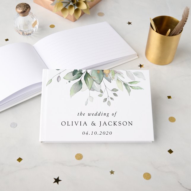 Greenery, Eucalyptus Leaves, Botanical Wedding Guest Book (Front Open)