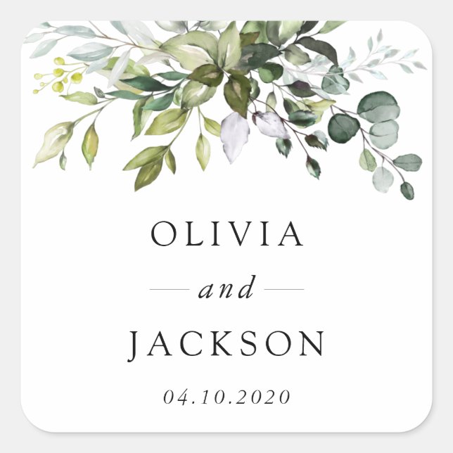 Greenery, Eucalyptus Leaves, Botanical Wedding Square Sticker (Front)