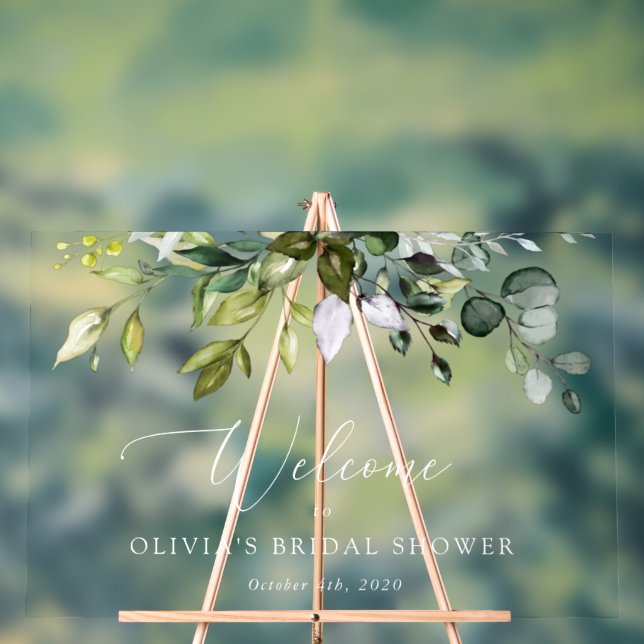 Greenery, Eucalyptus Leaves, Bridal Shower Welcome Acrylic Sign (Neutral)