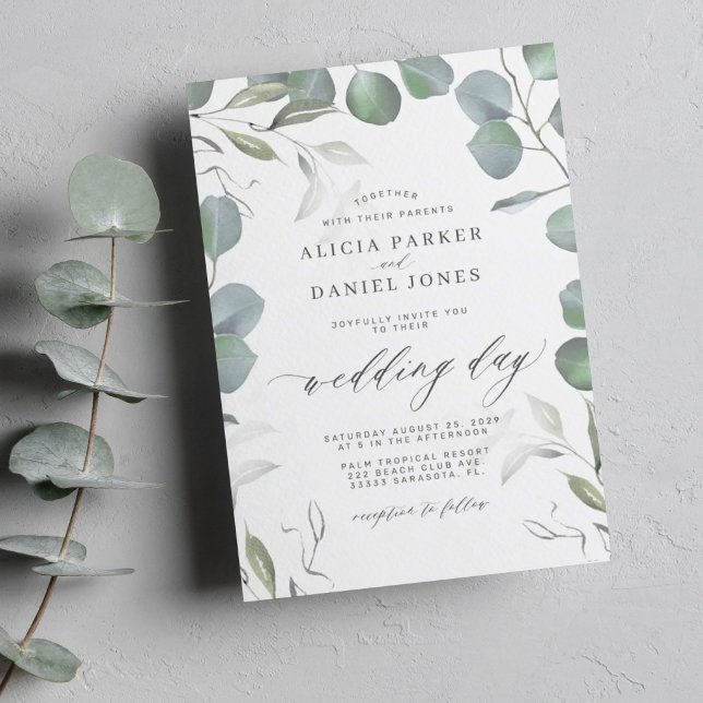 Greenery eucalyptus leaves elegant script wedding invitation (Creator Uploaded)