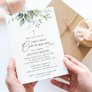 Greenery, Eucalyptus Leaves, First Holy Communion Invitation