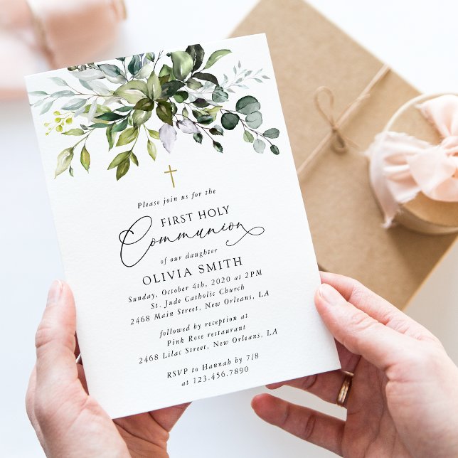 Greenery, Eucalyptus Leaves, First Holy Communion Invitation (Creator Uploaded)