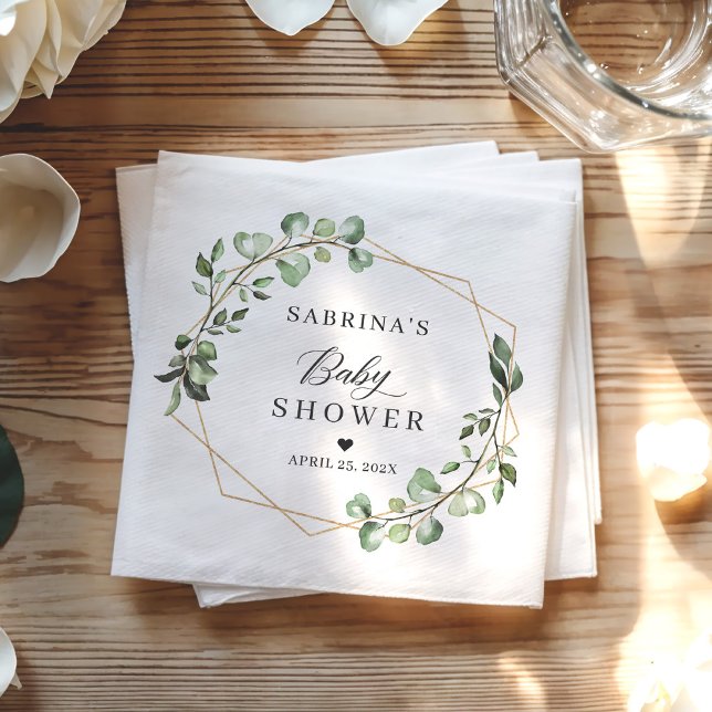 Greenery Eucalyptus Leaves Geometric Baby Shower Napkin (Creator Uploaded)