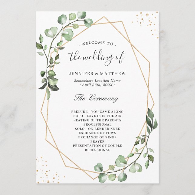 Greenery Eucalyptus Leaves Geometric Wedding Program (Front)