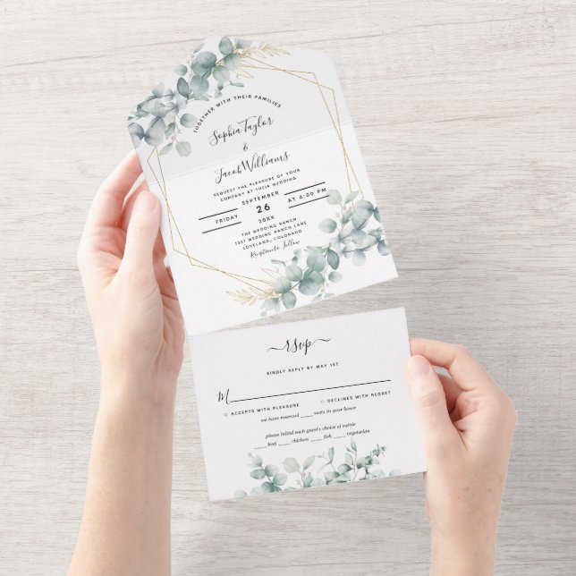Greenery Eucalyptus Leaves Gold Geometric Wedding All In One Invitation (Tearaway)