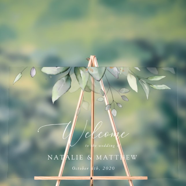 Greenery, Eucalyptus Leaves, Wedding Welcome Acrylic Sign (Neutral)