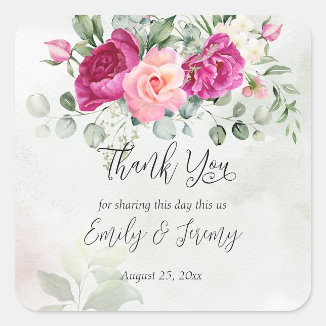 Greenery eucalyptus magenta peony roses favour gif square sticker (Front)