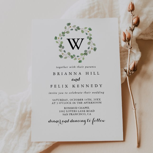 Greenery Eucalyptus Monogram Wreath Wedding Invitation (Creator Uploaded)