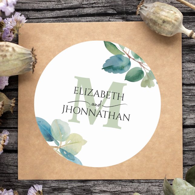 Greenery eucalyptus monogrammed wedding classic round sticker (Creator Uploaded)