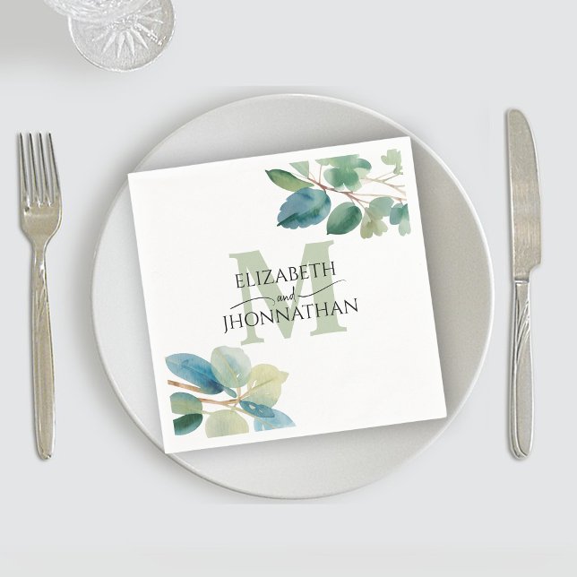 Greenery Eucalyptus Monogrammed Wedding Napkin (Creator Uploaded)