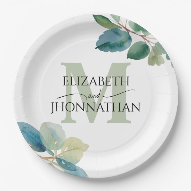 Greenery eucalyptus monogrammed wedding paper plate (Front)