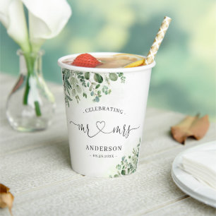 Greenery Eucalyptus Mr & Mrs Heart Script Wedding Paper Cups