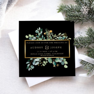 Greenery Eucalyptus on Black   Christmas Wedding Invitation
