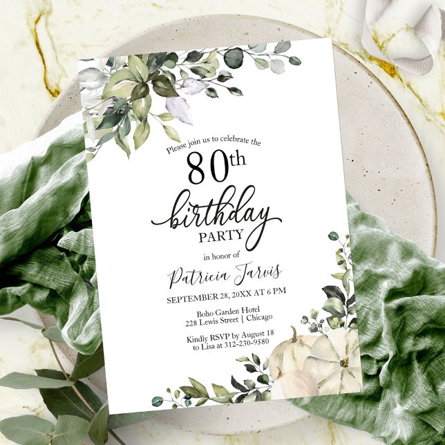 Greenery Eucalyptus Pumpkin Fall 80th Birthday Invitation (Creator Uploaded)