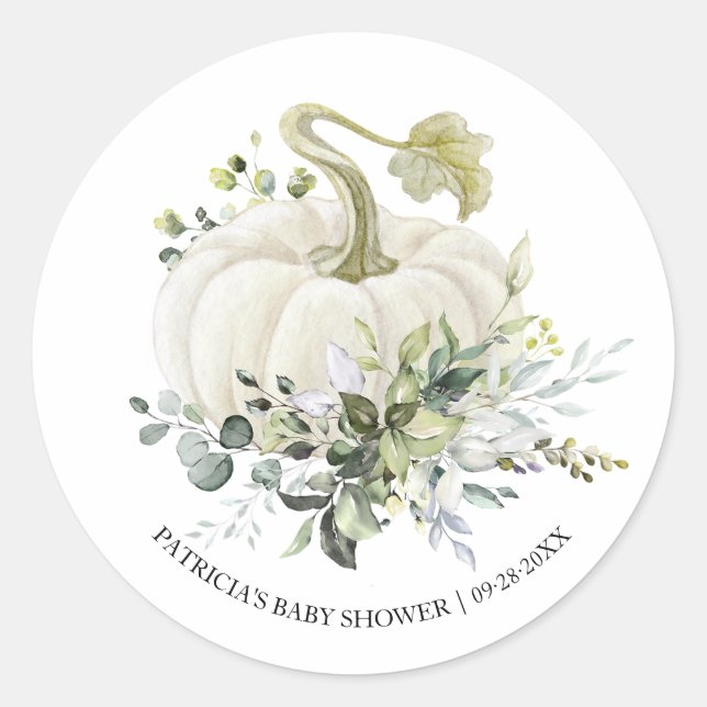 Greenery Eucalyptus Pumpkin Fall Baby Shower Classic Round Sticker (Front)