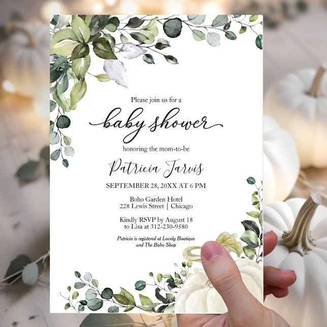 Greenery Eucalyptus Pumpkin Fall Baby Shower Invitation (Creator Uploaded)