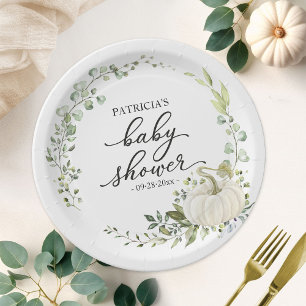 Greenery Eucalyptus Pumpkin Fall Baby Shower Paper Plate