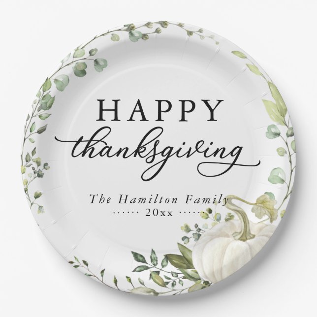 Greenery Eucalyptus Pumpkin Thanksgiving Dinner Paper Plate (Front)
