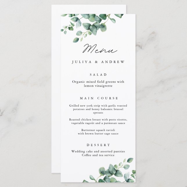 Greenery Eucalyptus script  Wedding Menu card  (Front/Back)