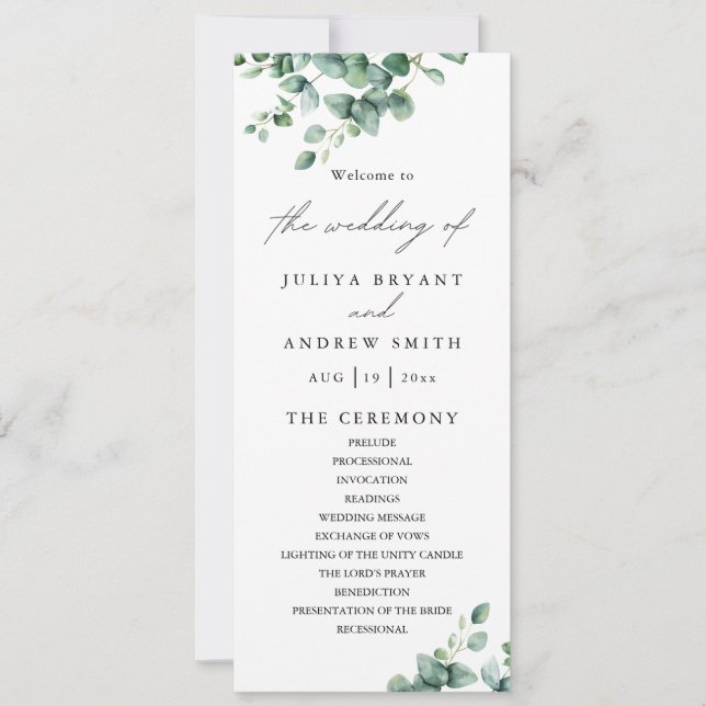 Greenery Eucalyptus script  wedding programme card (Front)