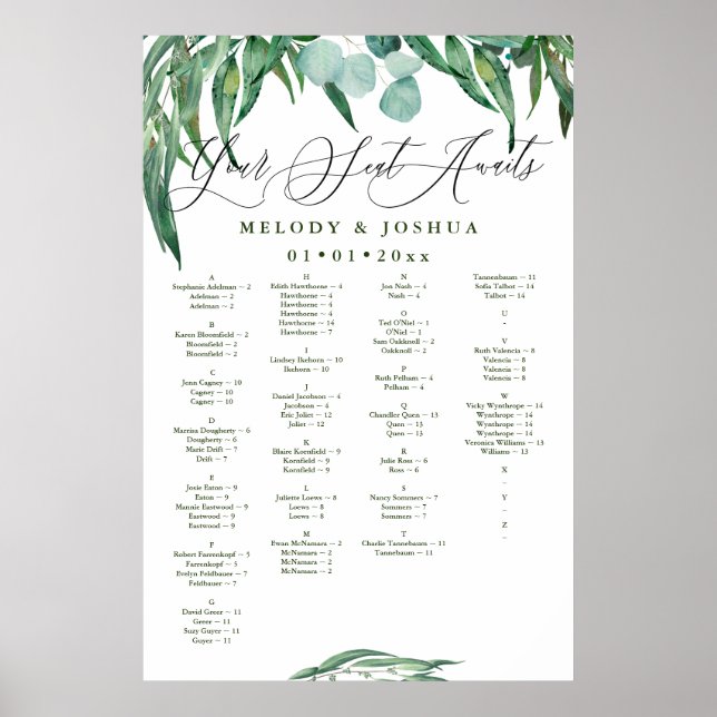 GREENERY EUCALYPTUS SEATING CHART, ALPHABETICAL POSTER (Front)