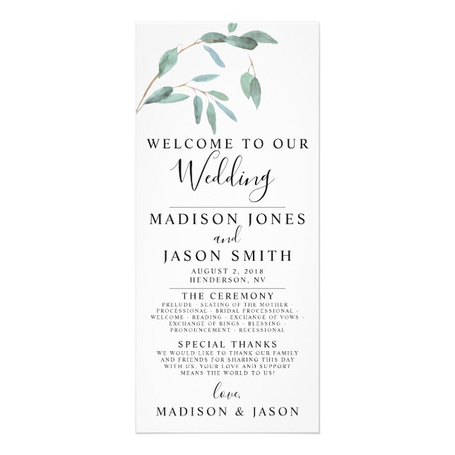 Greenery Eucalyptus Simple Wedding Program Rack Card (Front)