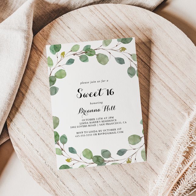 Greenery Eucalyptus Sweet 16 Birthday Party Invitation (Creator Uploaded)