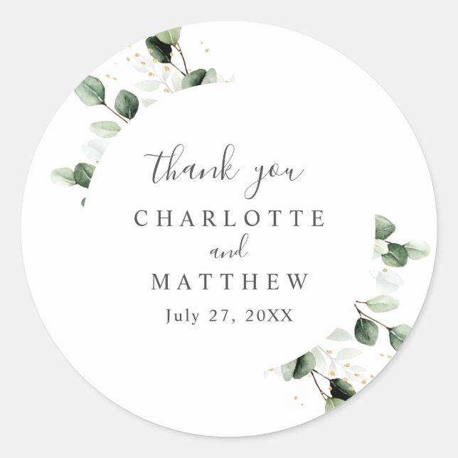 Greenery Eucalyptus  Thank You Gold Wedding Classic Round Sticker (Front)