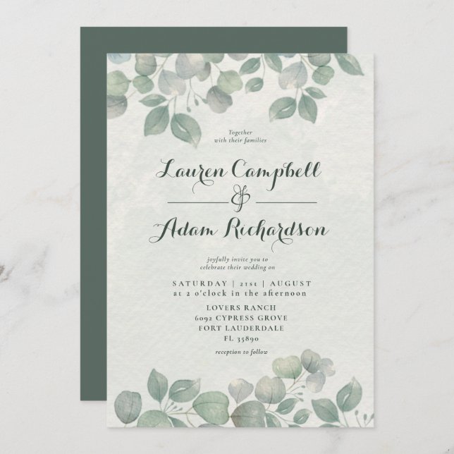 Greenery Eucalyptus Watericolor Sage Green Wedding Invitation (Front/Back)