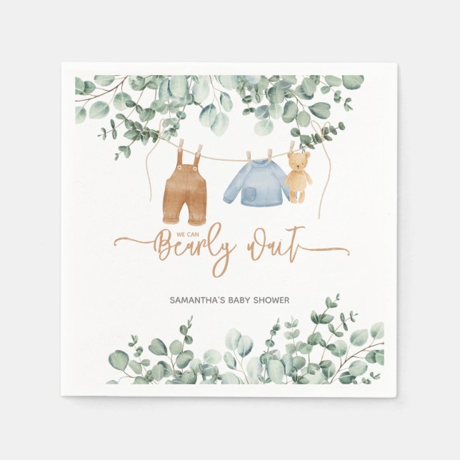 Greenery eucalyptus We can bearly wait Baby Shower Napkin (Front)