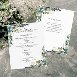 Greenery eucalyptus wedding program details<br><div class="desc">A modern,  elegant wedding details/program/timeline.  A white background decorated with eucalyptus greenery and golden foliage. Personalise and add your names and wedding details. Black coloured letters. 

Text on both sides.

1 sheet = 1 program printed edge to edge.</div>