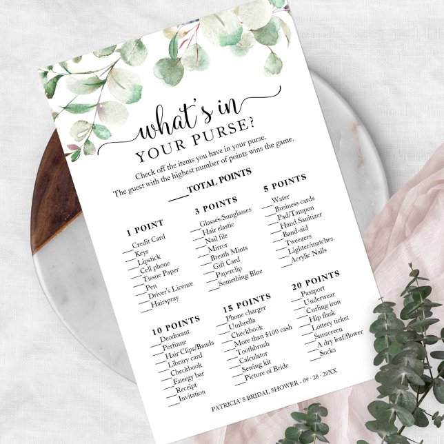 Greenery Eucalyptus What's In Your Purse Game Flyer (Creator Uploaded)