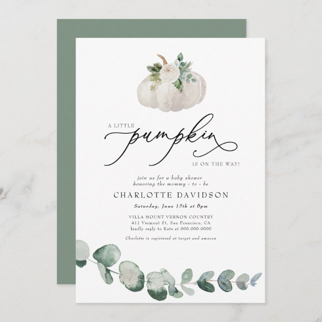 Greenery Eucalyptus White Pumpkin Boho Baby Shower Invitation (Front/Back)
