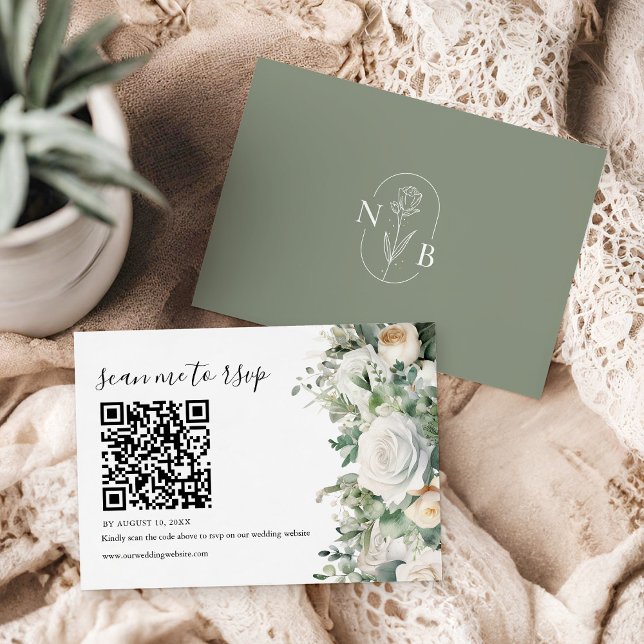 Greenery Eucalyptus White Rose Wedding QR Code RSVP Card (Creator Uploaded)