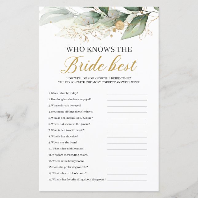 Greenery eucalyptus who knows bride best game (Front)