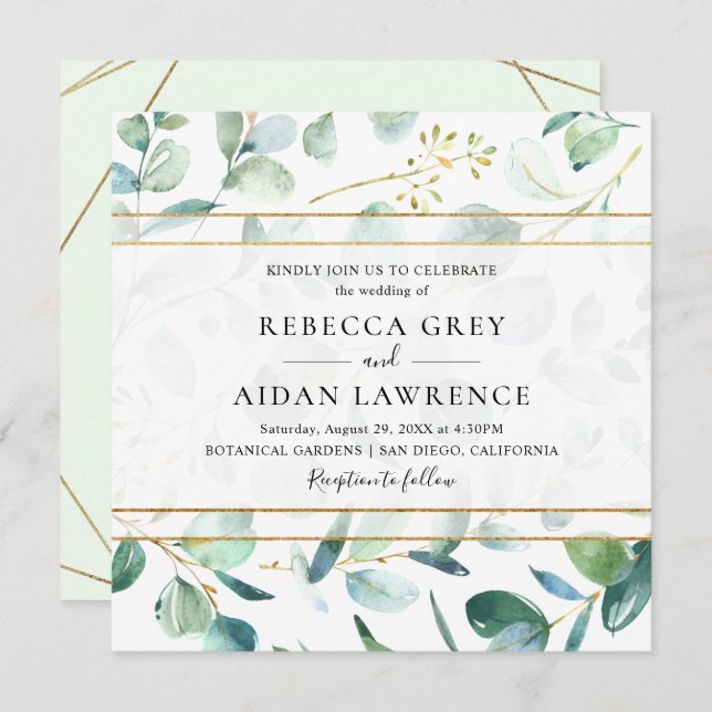 Greenery Eucalyptus with Geometric Frame Wedding Invitation (Front/Back)
