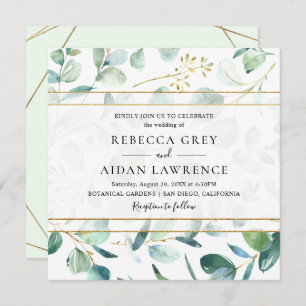 Greenery Eucalyptus with Geometric Frame Wedding Invitation
