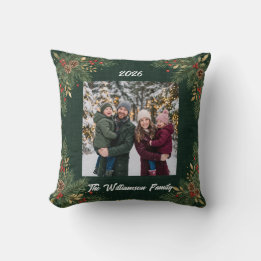 Greenery Family Photo Christmas Throw Pillow
