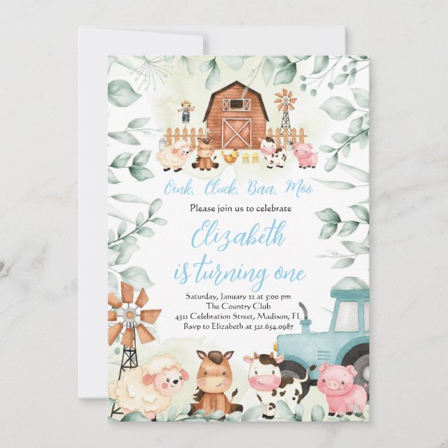 Greenery Farm Animals Barnyard Blue Boy Birthday Invitation (Front)