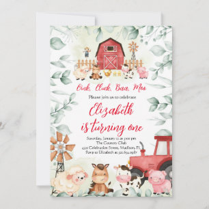 Greenery Farm Animals Barnyard Red Boy Birthday Invitation