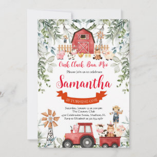 Greenery Farm Animals Barnyard Red Boy Birthday Invitation