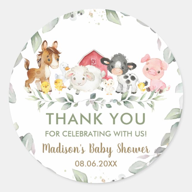 Greenery Farm Animals Birthday Baby Shower Favour  Classic Round Sticker (Front)