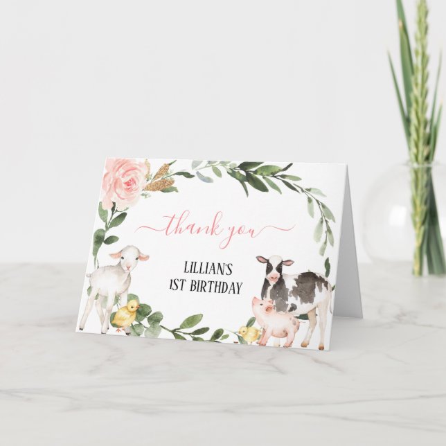 Greenery Farm Animals Thank You Card (Front)