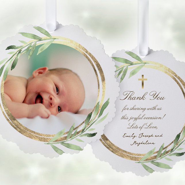 greenery faux foil frame Baptism thank you  Tree Decoration Card (Creator Uploaded)